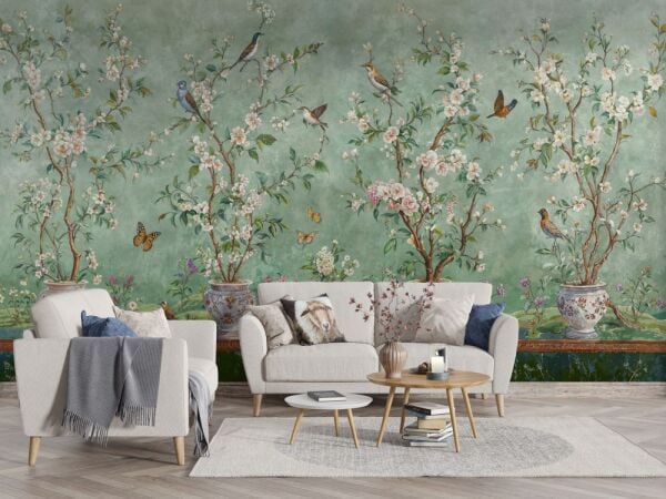 Yeşil Zemin Çiçek Ve Kuş Desenli Duvar Kağıdı