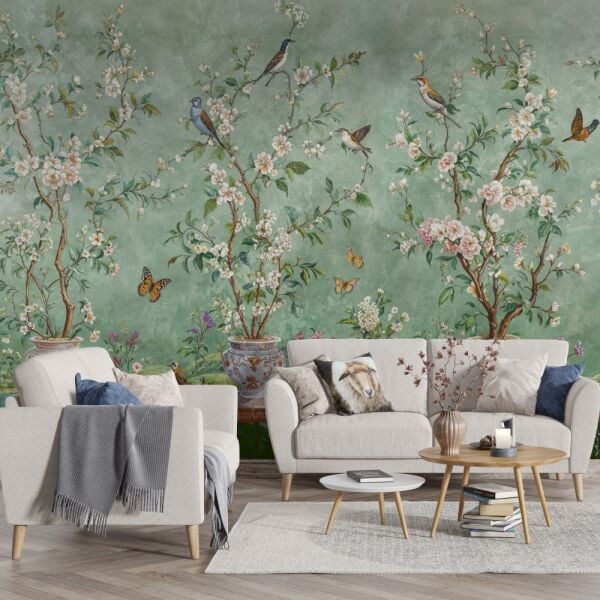 Yeşil Zemin Çiçek Ve Kuş Desenli Duvar Kağıdı