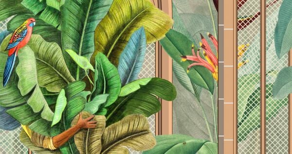 Oymalı Camlar Önünde Büyük Yapraklar Buketi Duvar Kağıdı