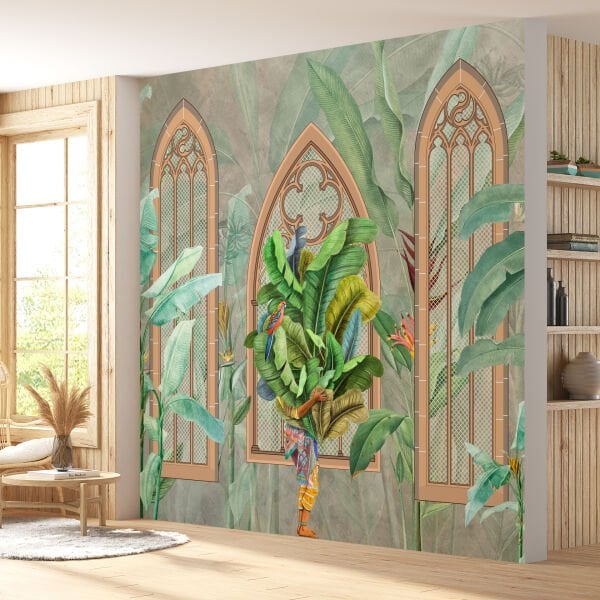 Oymalı Camlar Önünde Büyük Yapraklar Buketi Duvar Kağıdı