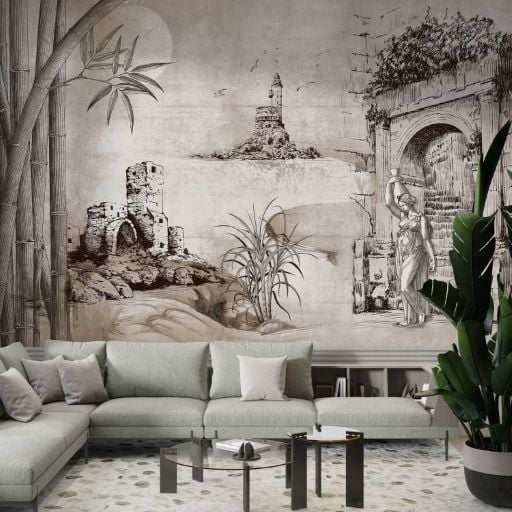 Çizim Surlar Bambu Ağaçları Sepya Duvar Kağıdı