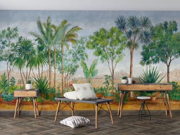 Tropikal Ağaç Ve Bitki Desenli Duvar Kağıdı