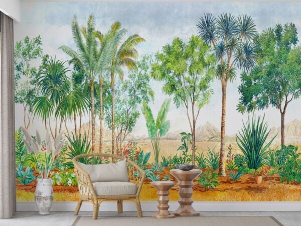 Tropikal Ağaç Ve Bitki Desenli Duvar Kağıdı