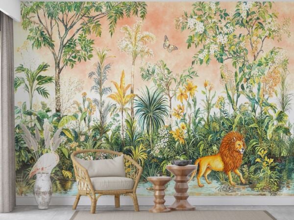 Tropikal Orman Ve Aslan Desenli Duvar Kağıdı