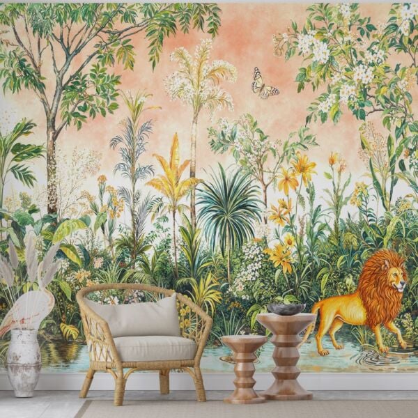 Tropikal Orman Ve Aslan Desenli Duvar Kağıdı
