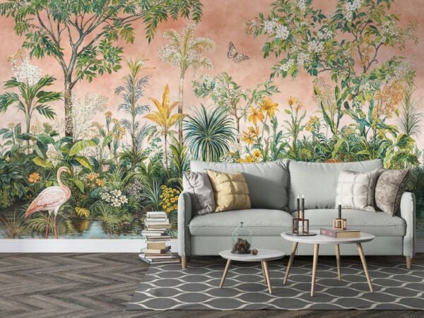 Tropikal Orman Ve Aslan Desenli Duvar Kağıdı