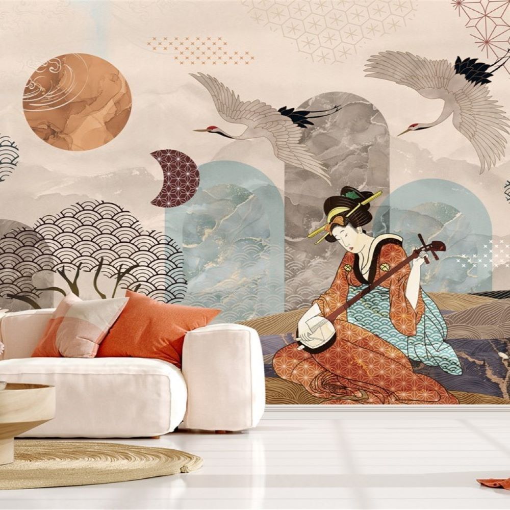 Geisha & Yükselen Güneş  Japon Sanatı Duvar Kağıdı