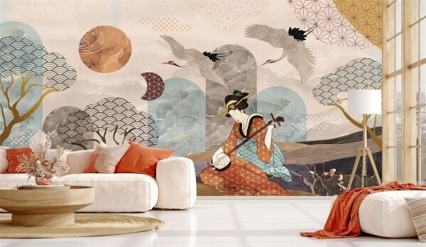 Geisha & Yükselen Güneş  Japon Sanatı Duvar Kağıdı