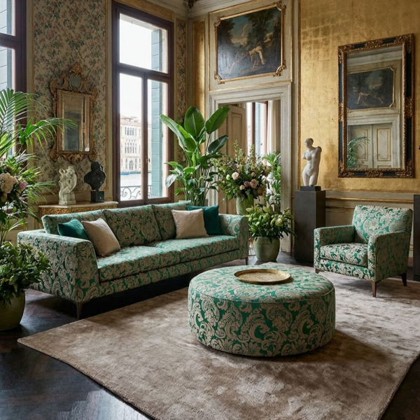 Çiçekli Klasik Desen Döşemelik Kumaş Kombinli