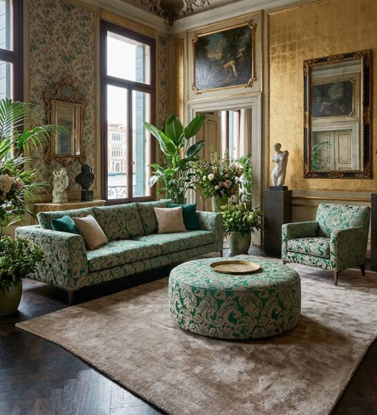 Çiçekli Klasik Desen Döşemelik Kumaş Kombinli