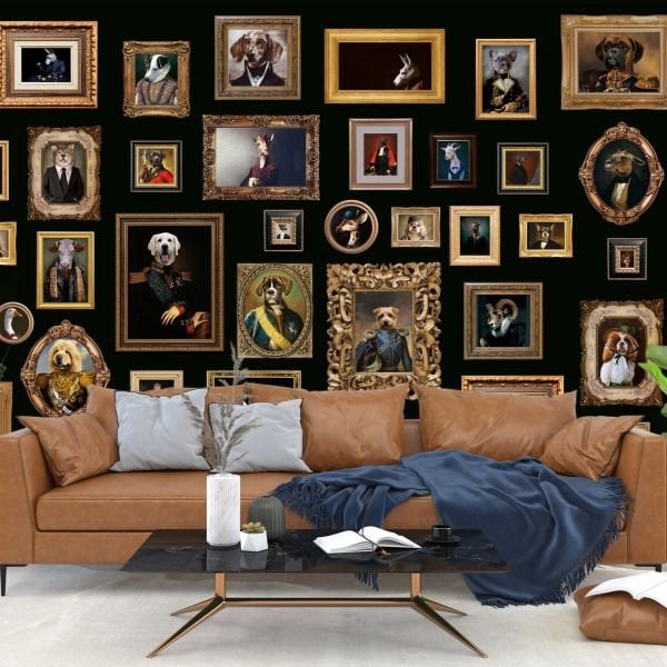 Siyah Zeminde Figüratif Hayvanlar Çerçeve Detaylı Duvar Kağıdı