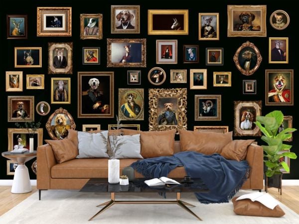 Siyah Zeminde Figüratif Hayvanlar Çerçeve Detaylı Duvar Kağıdı