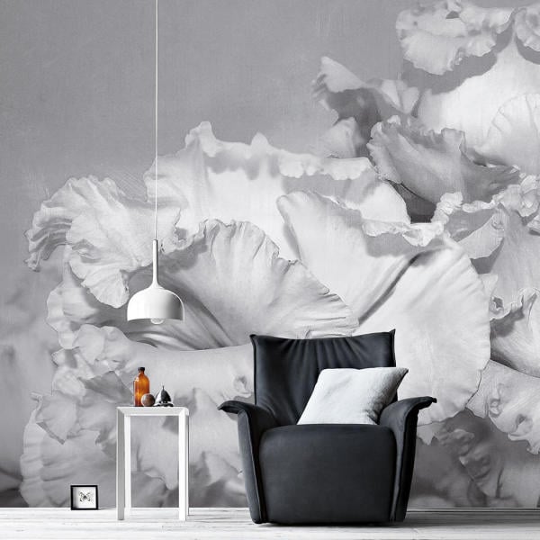 Gri Beyaz Büyük Yapraklı Beyaz Çiçek Duvar Kağıdı