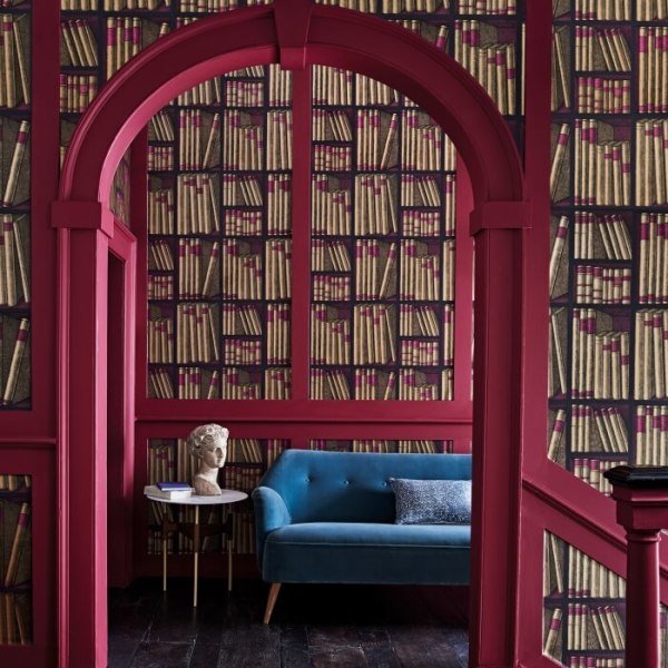 Fornasetti Fuşya Kütüphane Desen Duvar Kağıdı