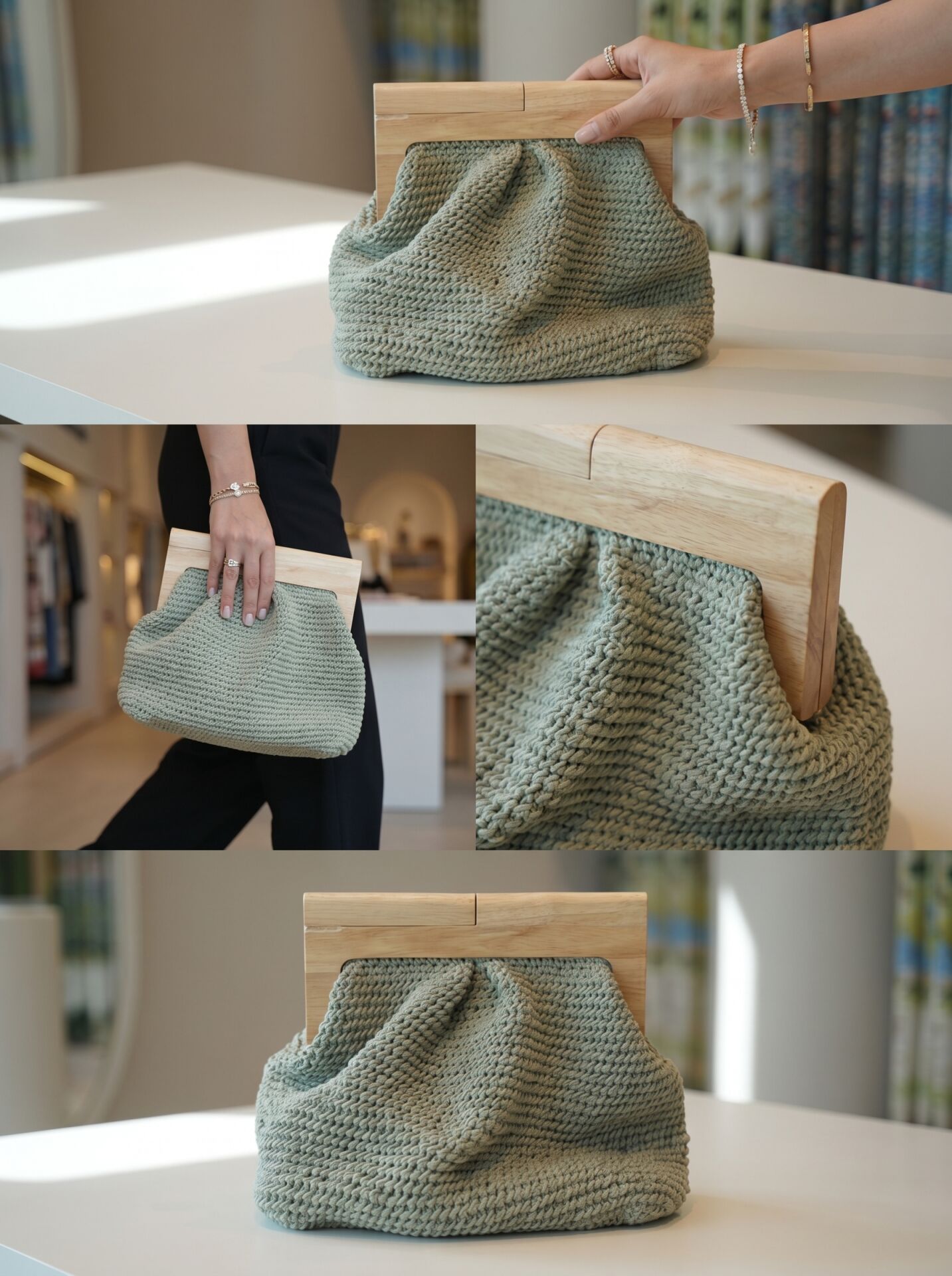 El Yapımı Örgü Ahşap Saplı Çanta