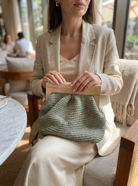 El Yapımı Örgü Ahşap Saplı Çanta