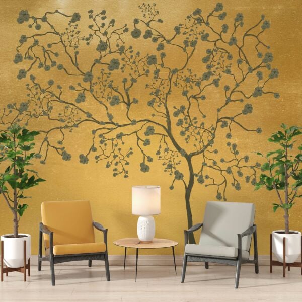 Gold Zemine Çiçek Açmış Ağaç Silueti Duvar Kağıdı