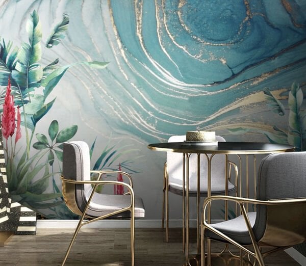Su Dalgası Tropik Yapraklar Gold Detaylı Duvar Kağıdı