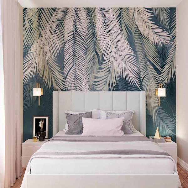 Yeşil Zeminde Krem Yapraklar Duvar Kağıdı