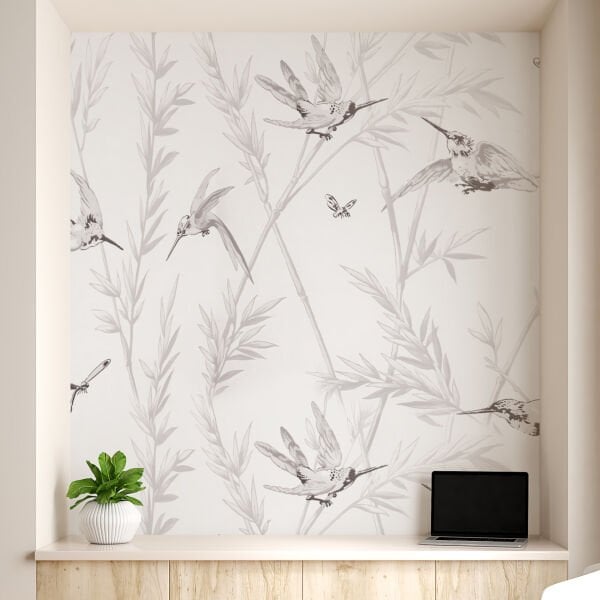 Antrasit Füme Rüzgarda Uçan Kuşlar ve Sallanan Dallar Duvar Kağıdı