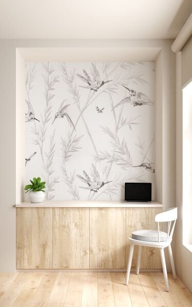 Antrasit Füme Rüzgarda Uçan Kuşlar ve Sallanan Dallar Duvar Kağıdı