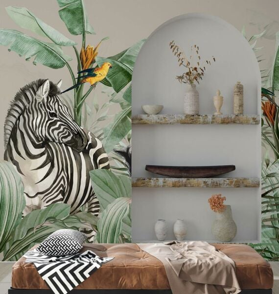 Yapraklar İçinde Zebra ve Papağanlar Duvar Kağıdı