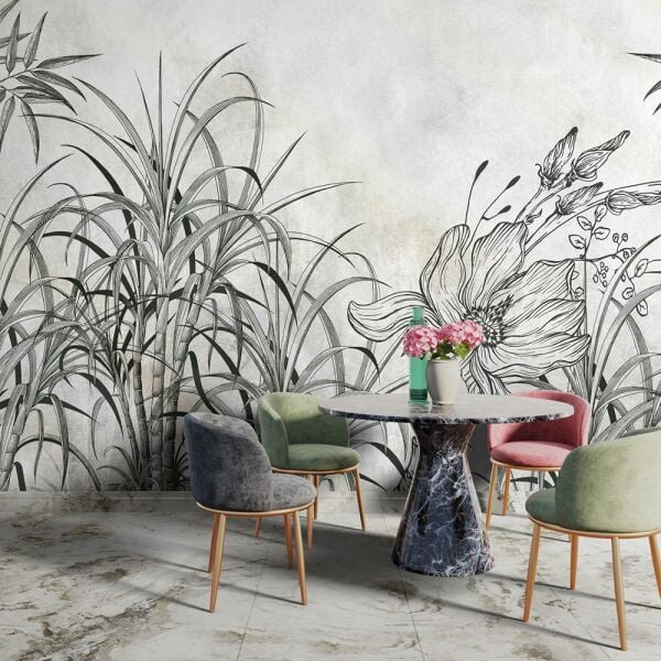 Siyah Beyaz Çiçekler ve Yapraklar Duvar Kağıdı