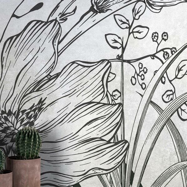 Siyah Beyaz Çiçekler ve Yapraklar Duvar Kağıdı