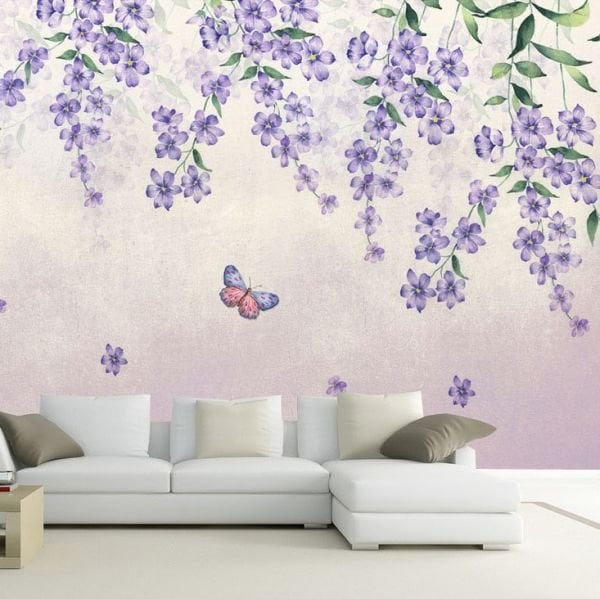 Mor Minik Çiçekler Kelebekler Duvar Kağıdı