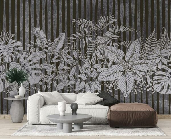 Siyah Çizgili Fonda Büyük Yapraklar ve Çiçek Dalları Duvar Kağıdı