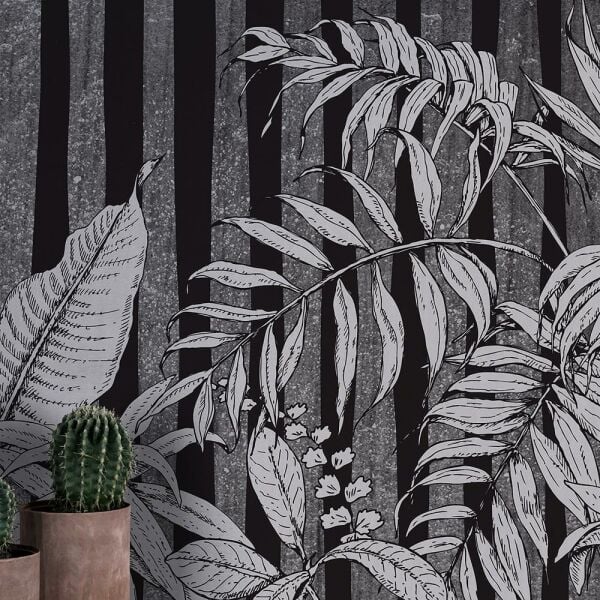 Siyah Çizgili Fonda Büyük Yapraklar ve Çiçek Dalları Duvar Kağıdı