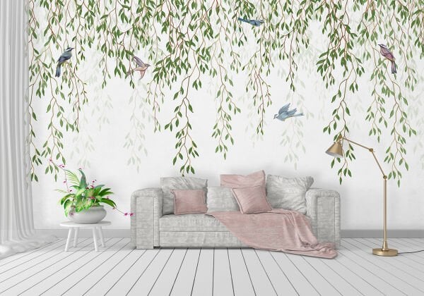 Minik Serçe Kuşlar Sarmaşıklar İçinde Duvar Kağıdı