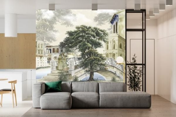 Köprüde Kadınlar Ağaç Tasarım Duvar Kağıdı