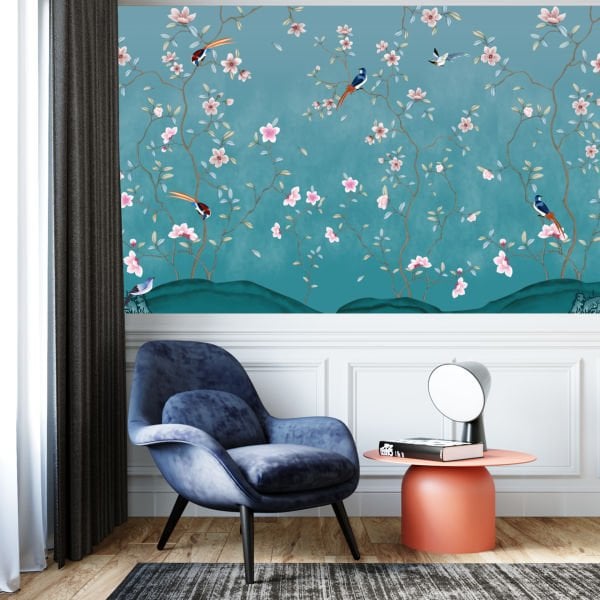 Mavi Fonda Sarmaşık Çiçek ve Kuşlar Duvar Kağıdı