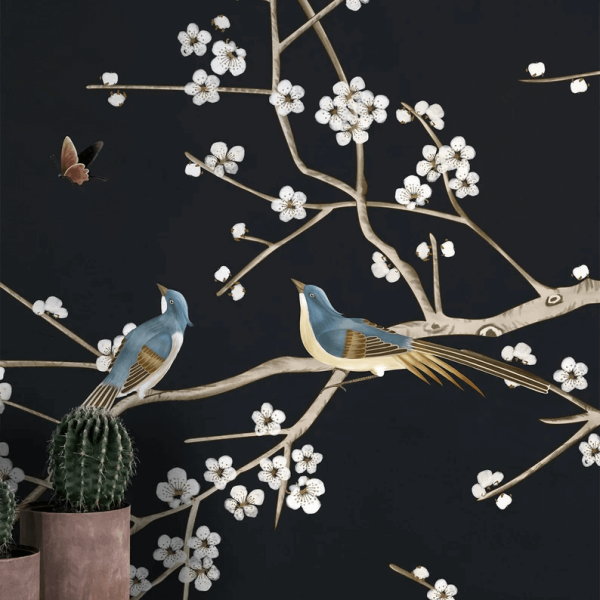 Uva Siyah Zeminde Sakura Ağacı Kuşlar Duvar Kağıdı