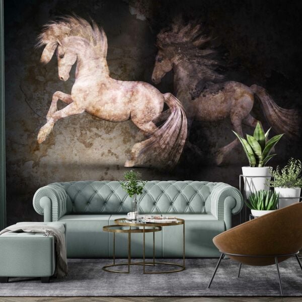 Sulu Boya Efektli Şaha Kalkmış Atlar Duvar Kağıdı