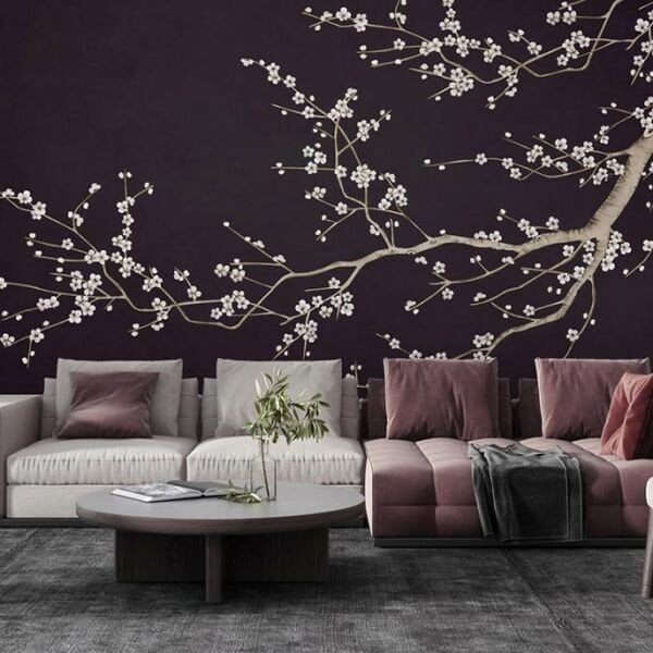 Uva Siyah Zeminde Sakura Ağacı Kuşlar Duvar Kağıdı