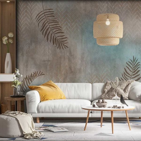 Turkuaz Kahve Zeminde Çizim Yapraklar Duvar Kağıdı