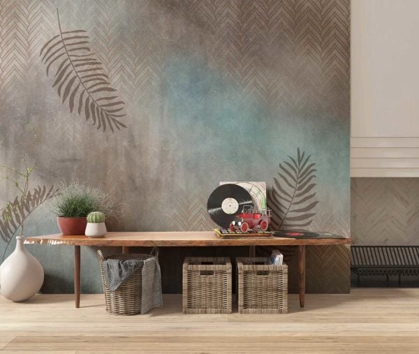 Turkuaz Kahve Zeminde Çizim Yapraklar Duvar Kağıdı