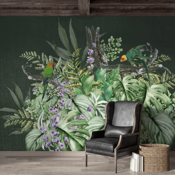 Uva Tropik Yaprak Buketi Üzerinde Papağanlar Duvar Kağıdı