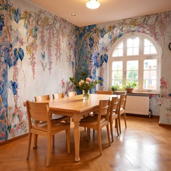 Mavi Ve Pembe Çiçekli Duvar Kağıdı