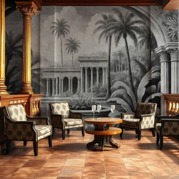 Tropikal Palmiyeli Ve Antik Sütunlu Siyah Beyaz Duvar Kağıdı