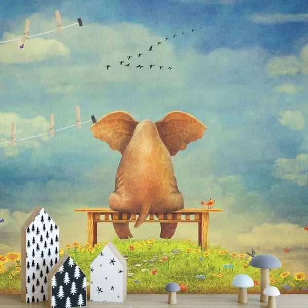 Oturan Yavru Fil Köpek ve Kuşlar Duvar Kağıdı