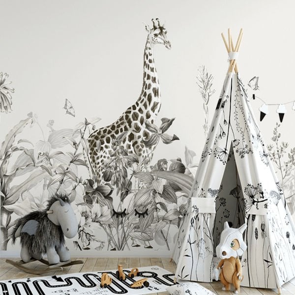 Siyah Beyaz Zürafa Ve Tropik Bitkiler Duvar Kağıdı