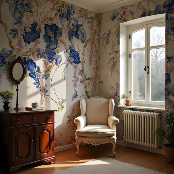 Mavi Çiçek Desenli Duvar Kağıdı