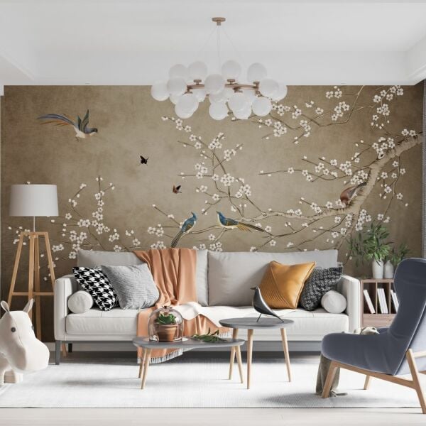 Çin Gülü Ve Kuşlar Dallarda Duvar Kağıdı