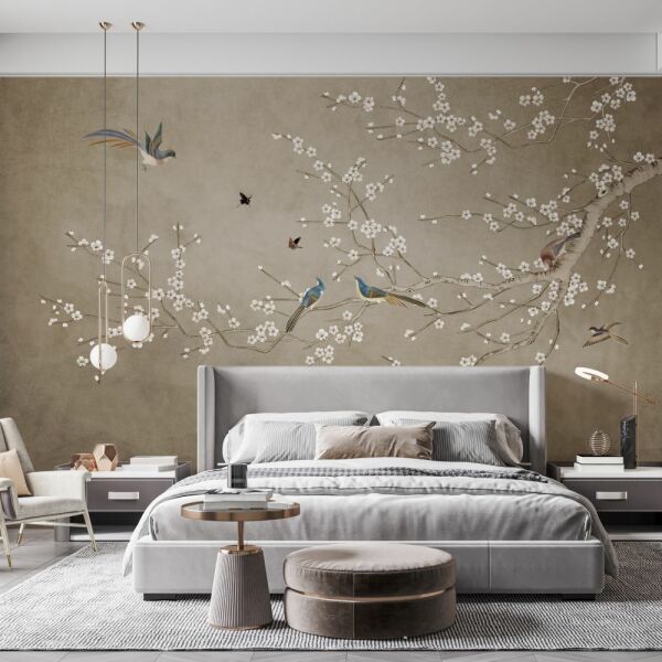 Çin Gülü Ve Kuşlar Dallarda Duvar Kağıdı