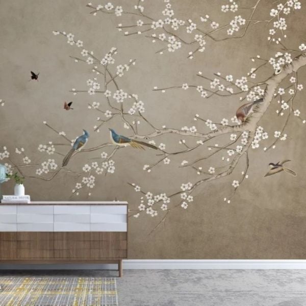 Çin Gülü Ve Kuşlar Dallarda Duvar Kağıdı