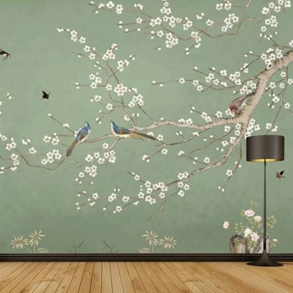 Mint Yeşili Zeminde Çin Gülü Ve Kuşlar Duvar Kağıdı