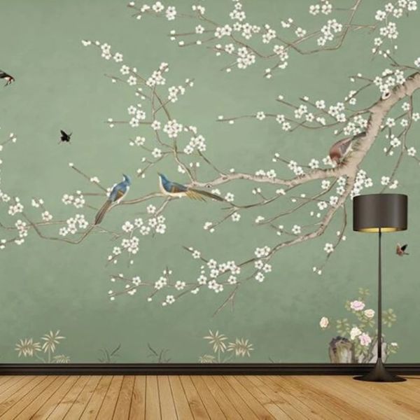 Mint Yeşili Zeminde Çin Gülü Ve Kuşlar Duvar Kağıdı